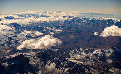 Andes Mountains from above. Aerial view with the amazing landscape of Andes in Argentina.