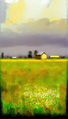 Farm on The Plains of Obscurity With Light Flowers on Canvas Oil Painting AI Generative