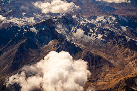 Andes Mountains from above. Aerial view with the amazing landscape of Andes in Argentina.