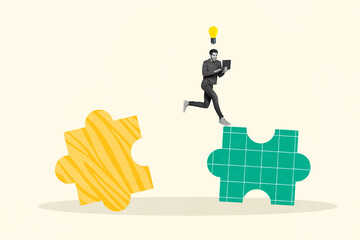 Artwork composite design collage of young businessman run with netbook incomplete puzzles lamp idea solution isolated on beige background