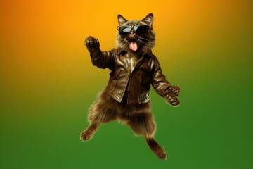 Cute Cat with sunglasses dancing isolated on green background. Generative AI