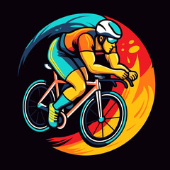 A racer on a bicycle speeding at high speed. Sports disciplines. cartoon vector illustration, isolated background, label, sticker