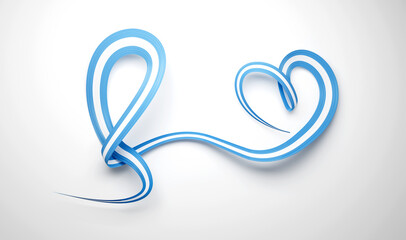 3d Flag Of Argentina Heart Shaped Wavy Awareness Ribbon flag On White Background, 3d illustration