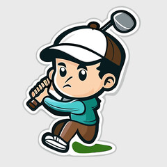Golfer with golf club taking a shot. Sports equipment symbol. cartoon vector illustration, isolated background, label, sticker