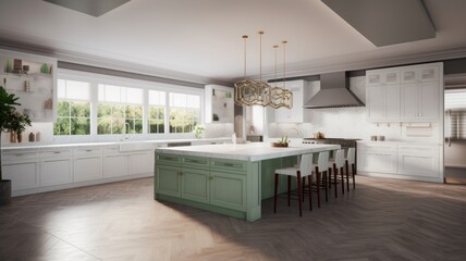Large kitchen room classic American style of marble and wood, pistachio and light shades, light walls, many windows. Generative AI