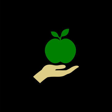  Green apple fruit icon,  aple hand isolated on black background 
