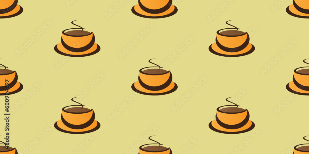 Poster lots of orange coffee cup or soup bowl icons seamless pattern on wide scale yellow background - desi