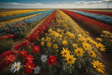 A photograph of a field of colorful flowers in full bloom, with a bright blue sky overhead ai generation