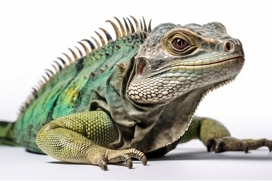 Four years old green iguana on white background Generative AI