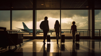 Fototapeta premium Happy family with suitcases walking through the airport terminal towards their gate, ready for their next adventure. Generative AI