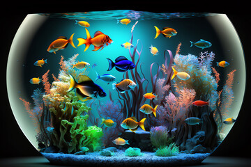 Saltwater coral reef aquarium at home is most beautiful live decoration. Exotic tropical fishes in big aquarium. Aquaristic. Generative AI