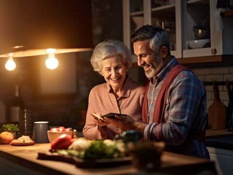 Glücklich älteres Paar steht in der Küche und sucht im Internet nach einem Rezept.Generative KI