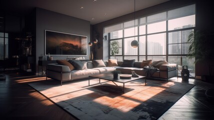 high-tech loft living room, large panoramic windows Generative AI