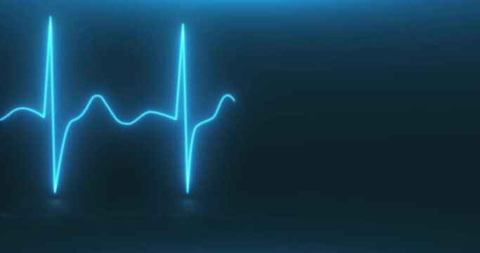Animation of drawing a blue luminous cardiogram on a blue background. Blurred reflection on the floor. 4K. 3D render.