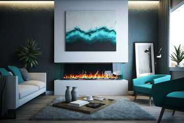 Modern interior with Electric fireplace. Artificial fireplace with burning fire. Modern heating system. Generative AI