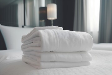 Obraz na płótnie Canvas room service resort hotel home bed fresh towel luxury white. Generative AI.