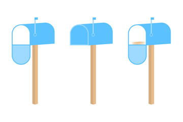 Set of mailboxes: empty, closed, with post. Flat blue postal service items. Cartoon vector illustration postal service item