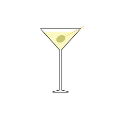 Cocktail with olive on toothpick isolated on white background. Trendy alcohol drink. Tasty flat vector illustration. Cartoon icon