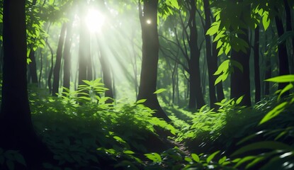 Sun glowing on forest through leaves from Generative AI