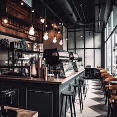 Coffee house, concrete walls, wooden furniture Generative AI