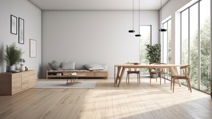 Minimalism interior of a large bright living room, light walls, wooden furniture, large windows Generative AI