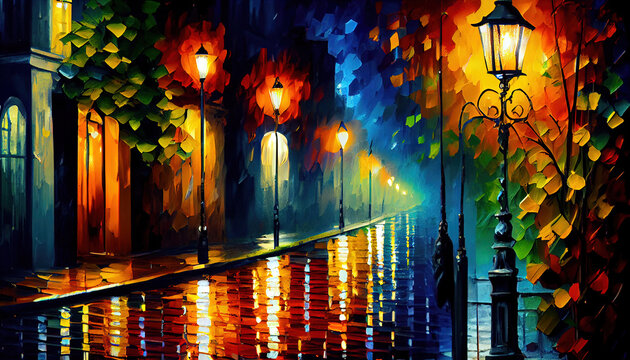 Watercolor Painting Autumn Night Trail of Trees with Glowing Lamps Pole in a Quiet Park Wet Reflections on Canvas Oil Painting AI Generativ
