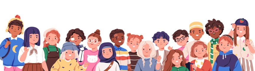 Happy international children, inclusive kindergarten group. Diverse cute kids with disabilities, multi ethnic little girls and boys team. Flat graphic vector illustration isolated on white background