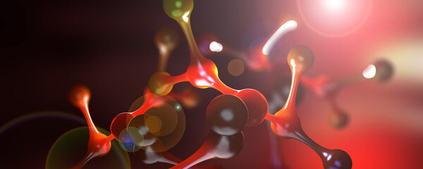 Molecule abstract model, crystal lattice, atom structure 3D illustration. Scientific research and innovation in medicine and genetic engineering