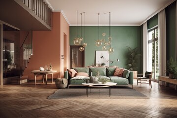 Fototapeta premium Spacious living room with modern sofas, wooden floors, pastel colored walls, large open space with stairs to the second floor, Generative AI