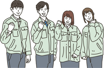 ガッツポーズをする男女の作業員
