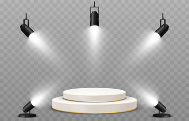 Vector podium illuminated by spotlights. Podium png, spotlights png. Light sources, spotlights illuminate the pedestal, the stage. Light effect.
