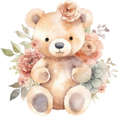 Teddy bear with flowers watercolour illustration created with Generative AI technology