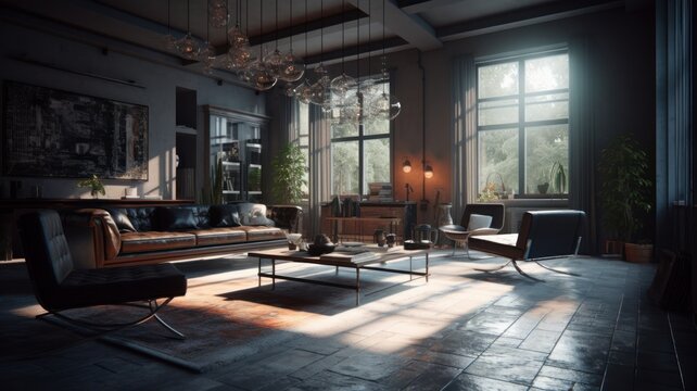 Large living room with modern furniture with stunning garden views and large glass windows. Generative AI