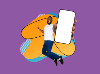 Online Sales. Happy Excited Black Male Demonstrating Big Blank Smartphone At Camera