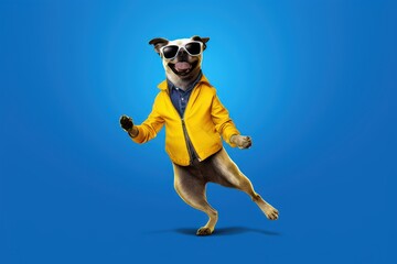 Obraz premium Cute Dog with sunglasses dancing isolated on blue background. Generative AI