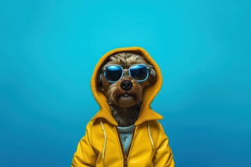Fototapeta premium Dog wearing sunglasses isolated on blue background. Generative AI