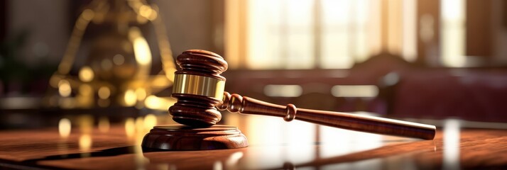 A wooden judge gavel in the courtroom amazing light background. Generative AI