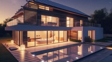 Modern house with solar panels on the roof, alternative energy, solar energy Generative AI