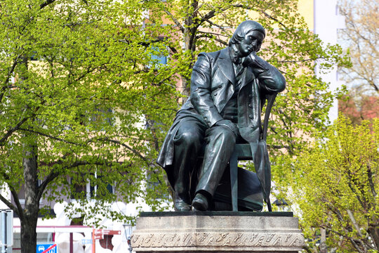 Zwickau, Germany - May 7, 2023: Monument to Robert Schumann, a German composer, pianist, and music critic who was born in Zwickau.