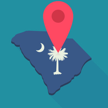 Map of south carolina in the colors of the state flag with a red map location marker on it (flat design)