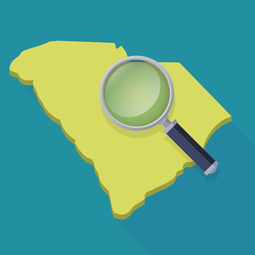 Yellow map of South Carolina with an emboss effect isolated with a magnifying glass on blue background with shadow (flat design)