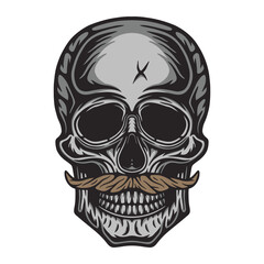 Vintage Retro woodcut linocut engraving barber shop element. Scary halloween skull hipster. Can be used for logo, emblem, badge, mark, poster design. Monochrome Graphic Art. Vector