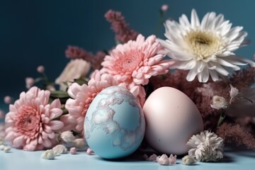 Obraz na płótnie Canvas Easter eggs in the bucket, flower, rabbit, generative AI