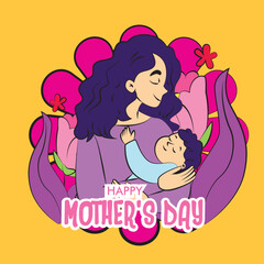 mother's day illustration with mom hug baby and floral frame