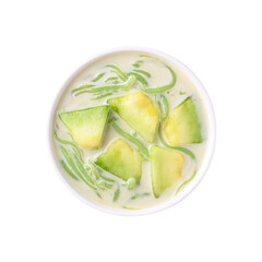 Thai dessert (Lod Chong), Rice flour jelly pandan flavor with Thai melon in coconut milk 