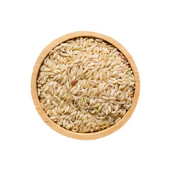 Organic Thai brown rice grain in wooden bowl