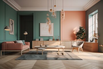 Spacious living room with modern sofas, wooden floors, pastel colored walls, large open space Generative AI