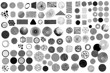 Big set of grungy abstract black shapes hand drawn textures. Lines, circles, triangles. Hand drawn elements for your graphic design - obrazy, fototapety, plakaty