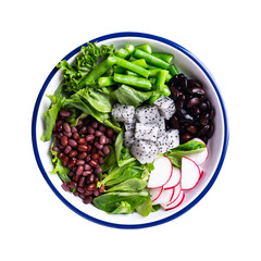Healthy vegan salad vegetables with lettuce, corn salad, radish, kidney bean, azuki bean and green bean in a bowl