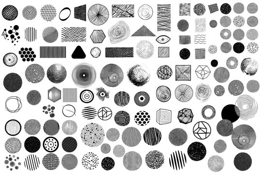 Big set of grungy abstract black shapes hand drawn textures. Lines, circles, triangles. Hand drawn elements for your graphic design